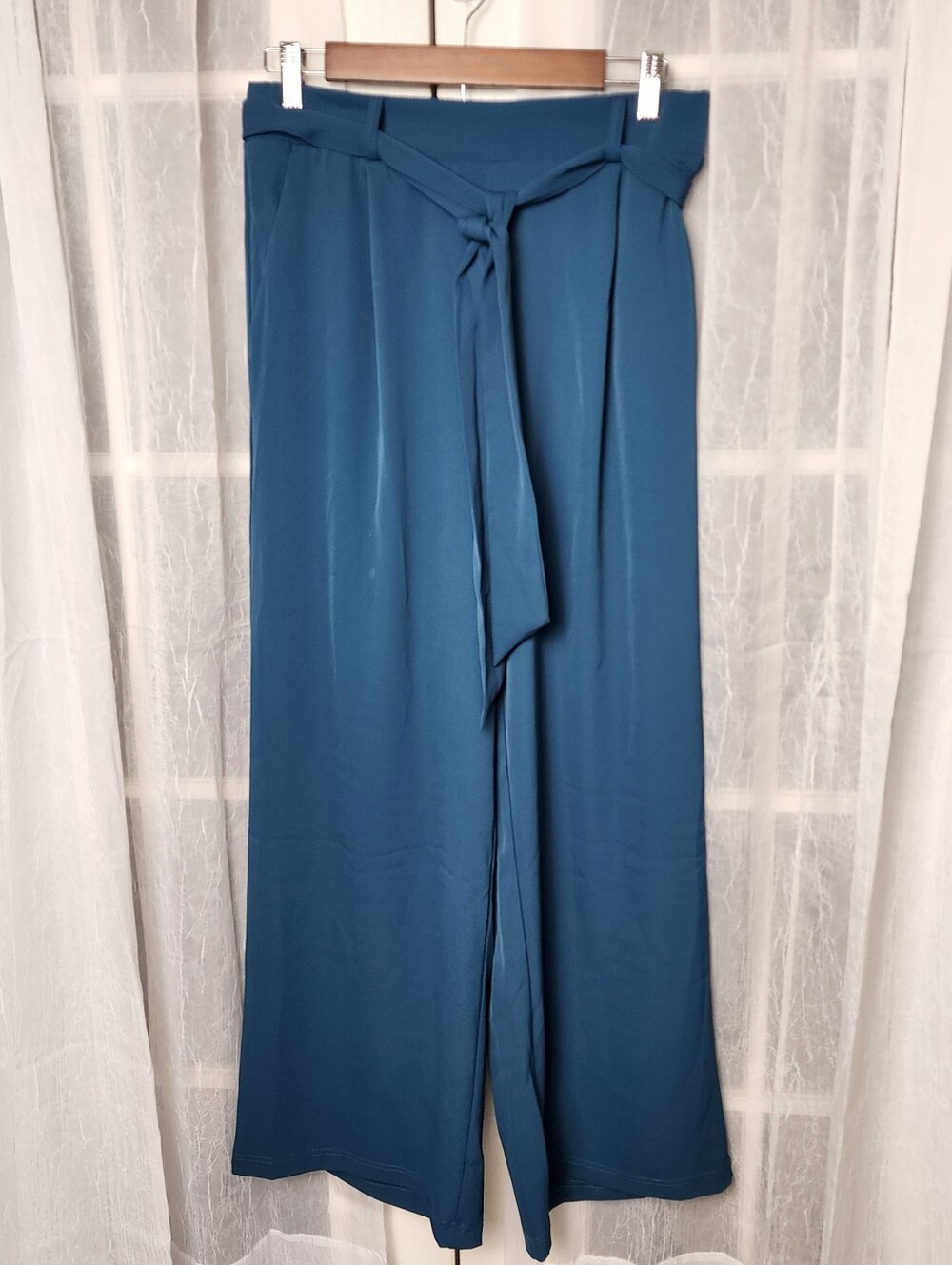 Melloday Teal Wide Leg Pants Womens M Elastic Tie Waist Flowy Career Trousers